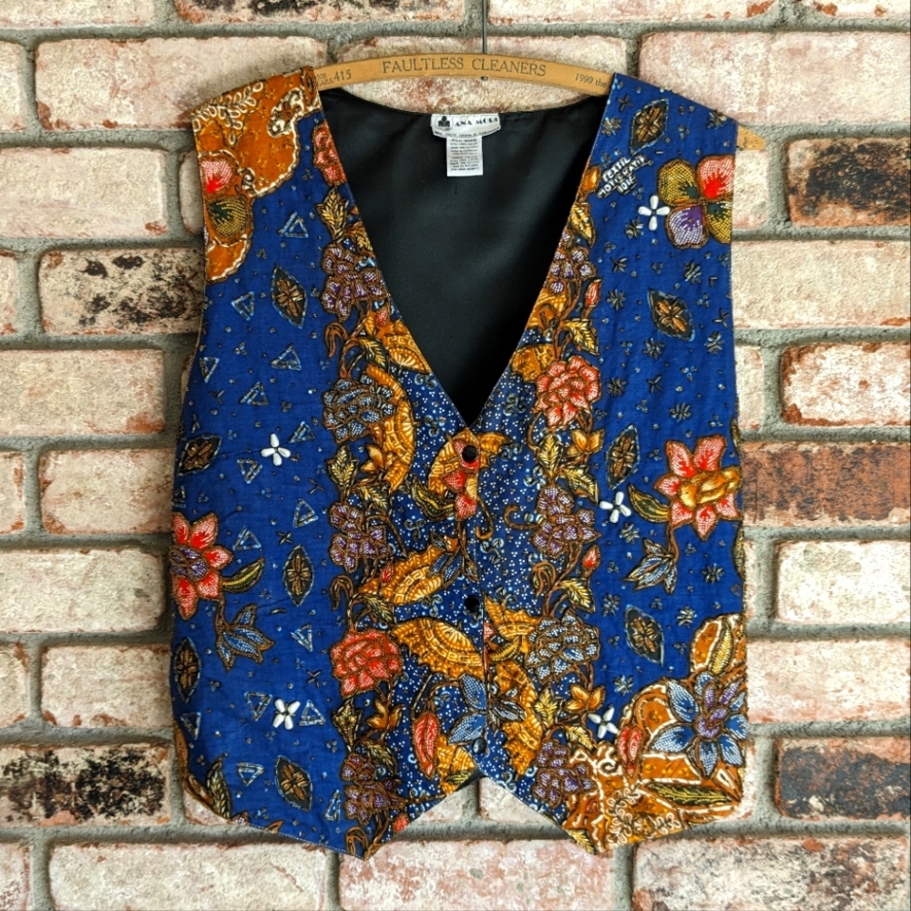 🍁 Ana Mori Batik Embroidered & Beaded Blue and Orange Floral Vest